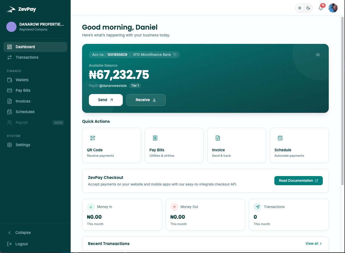 ZevPay dashboard